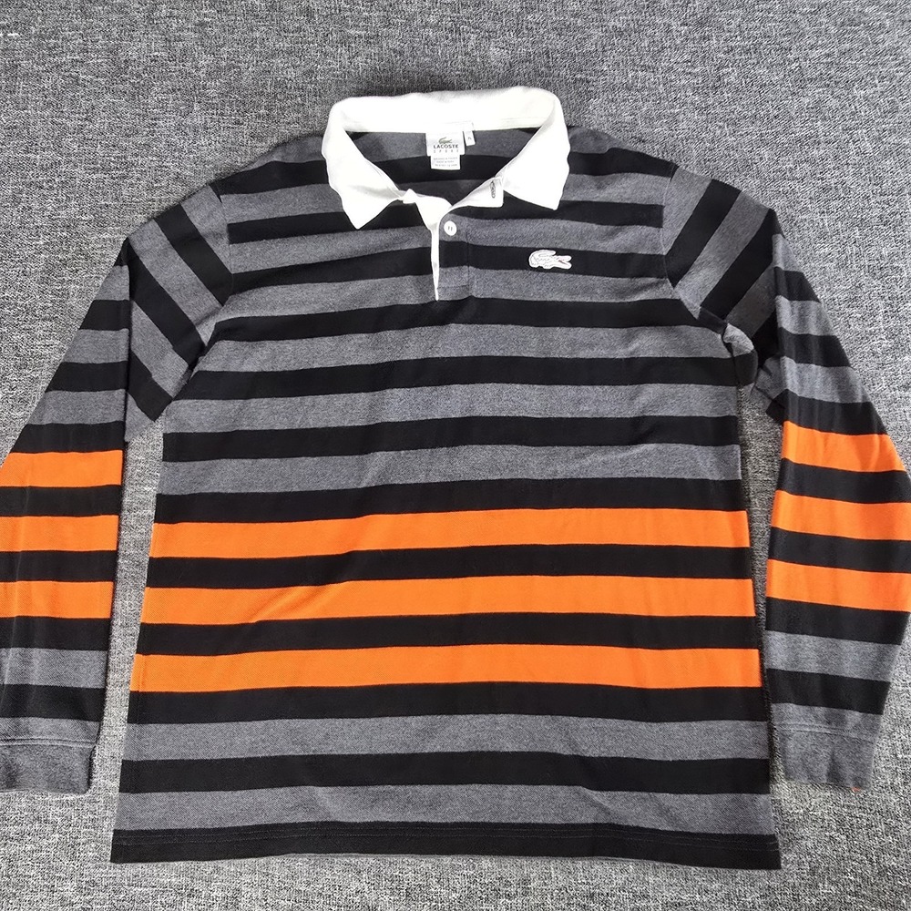 Lacoste Sport Mens Long Sleeve Polo Rugby Shirt Striped Black Grey Orange Sz 7L